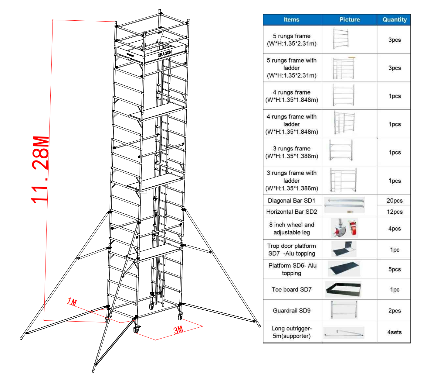 11.28m Outdoor Portable Double Scaffold with Ladder Andaime duplo portátil externo de 11,28 m com escada