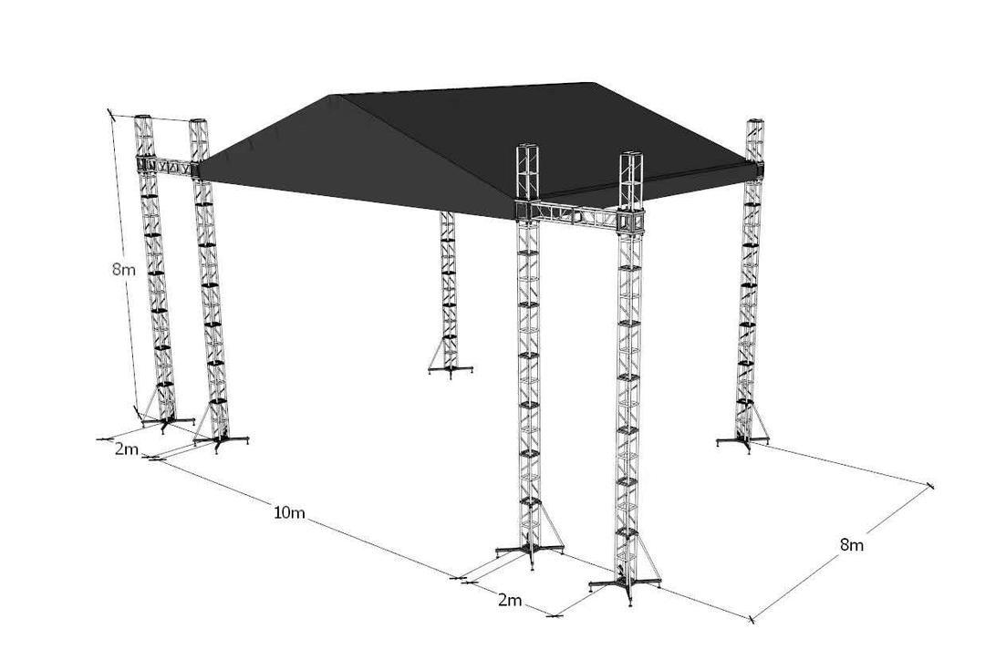 Bolt Truss Arched Roof Truss for Concert Stage Triangle Roof Outdoor Truss System 10x8x8m with 2 Wings-4m Treliça arqueada do telhado do fardo do parafuso para o sistema exterior 10x8x8m do fardo do telhado do triângulo da fase do concerto com 2 Wings-4m