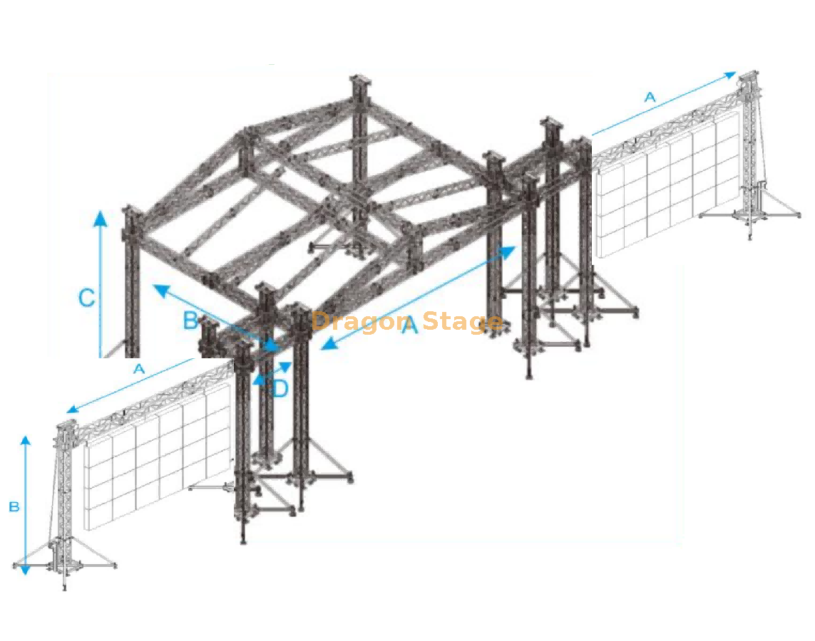 Concert Roof Stage with PA Wings Tower And Led Video Wall Truss Palco de telhado de concerto com torre PA Wings e treliça de parede de vídeo LED