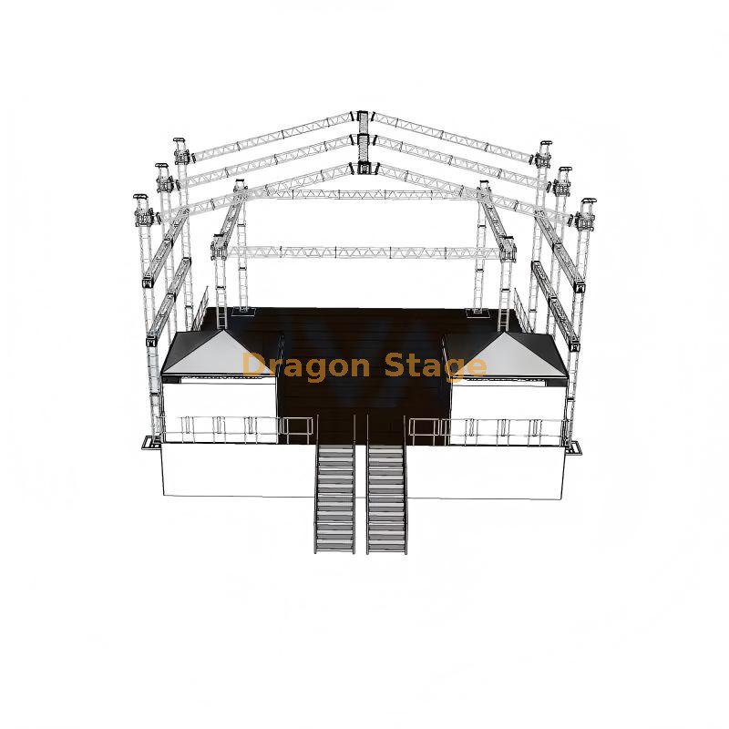 20x16m Heavy-Duty Peak Roof Truss Stage System with Backstage Rooms & Dressing Cabins (4) Sistema de palco de treliça de telhado de pico para serviços pesados de 20x16m com salas de bastidores e camarins Cabines de vestir (4)