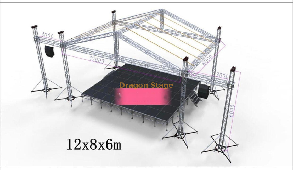 Plataforma de palco de concertos ao ar livre com sistema de treliça de teto arremessado 12x8x6m Plataforma de estágio modular 10.98x7.32m altura 1.2-2m