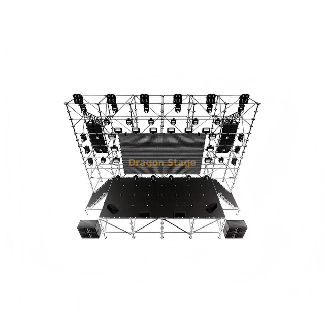 Estrutura de fundo LED Ringlock 12x2x10m com palco Ringlock 8x4x2m e 2 escadas