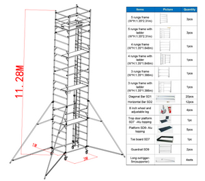 Andaime duplo portátil externo de 1,35x2x11,28m com escada