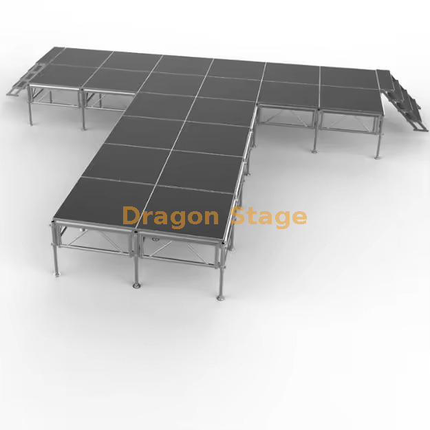 Palco móvel modular de alumínio em forma de T de 7,32x7,32m com escadas - altura ajustável (0,8m)