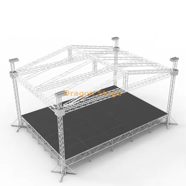 Palco de telhado espigão de sistema completo 20x14x10m com telhado inclinado preto | Sistema de treliça de telhado de concerto de alumínio