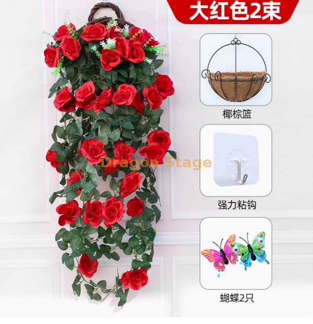 Orquídea de parede violeta simulada Bordado grande bordado artificial flor de plástico flor vermelha -2 rosas coco -cesto de coco cesto+2 ​​borboletas colando gancho
