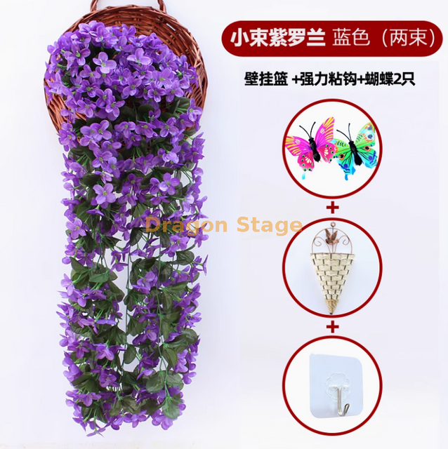 Orquídea de parede violeta simulada Bordado grande bordado artificial Flor da flor de seda Rattan azul escuro 2 gancho de cesta violeta