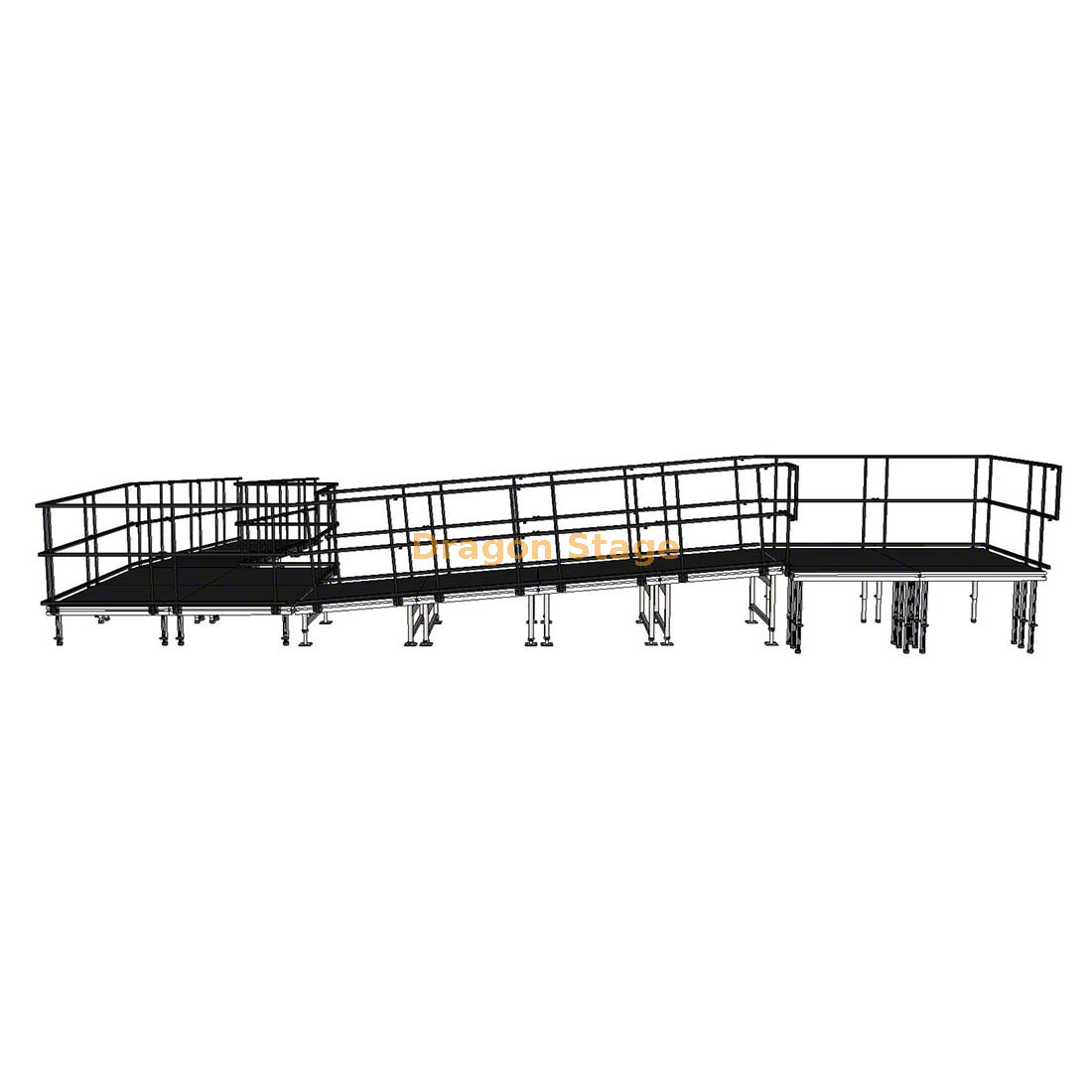 Rampa modular de alumínio para palco de eventos, 9,82x8,26m e 90 graus, para acesso de cadeira de rodas e carregamento de equipamentos de concerto