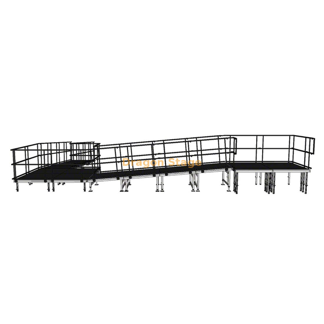 Rampa modular de alumínio para palco de eventos, 9,82x8,26m e 90 graus, para acesso de cadeira de rodas e carregamento de equipamentos de concerto
