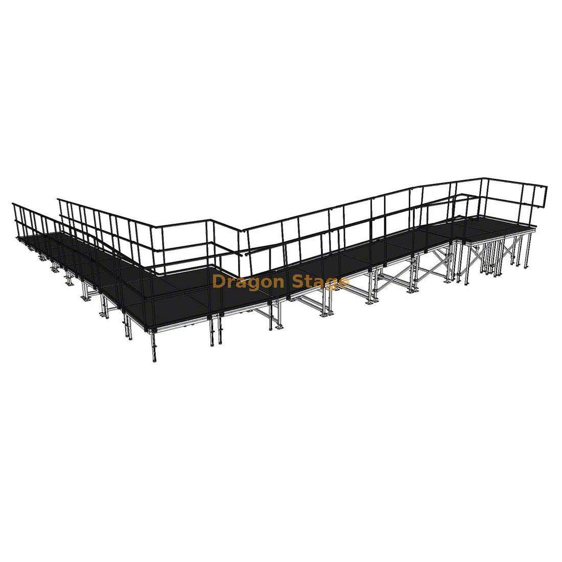 9,82x10,71m Rampa de palco modular de alumínio de 90 graus com pouso e guarda-corpos duplos