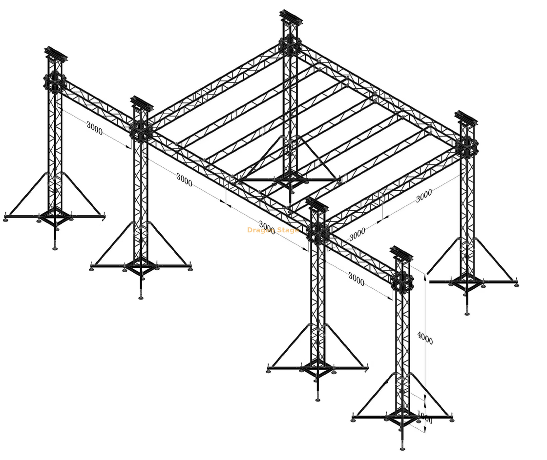 sistema de treliça de alumínio para telhado plano de 6x6x5m com altura de 5m e asas de alto-falante de 3m