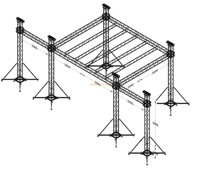 sistema de treliça de alumínio para telhado plano de 6x6x5m com altura de 5m e asas de alto-falante de 3m