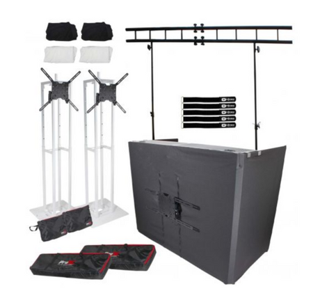 Totem tv branco dobrável de aço ajustável, totens de pódio com mesa, fachada, treliça, pacote de suporte de iluminação