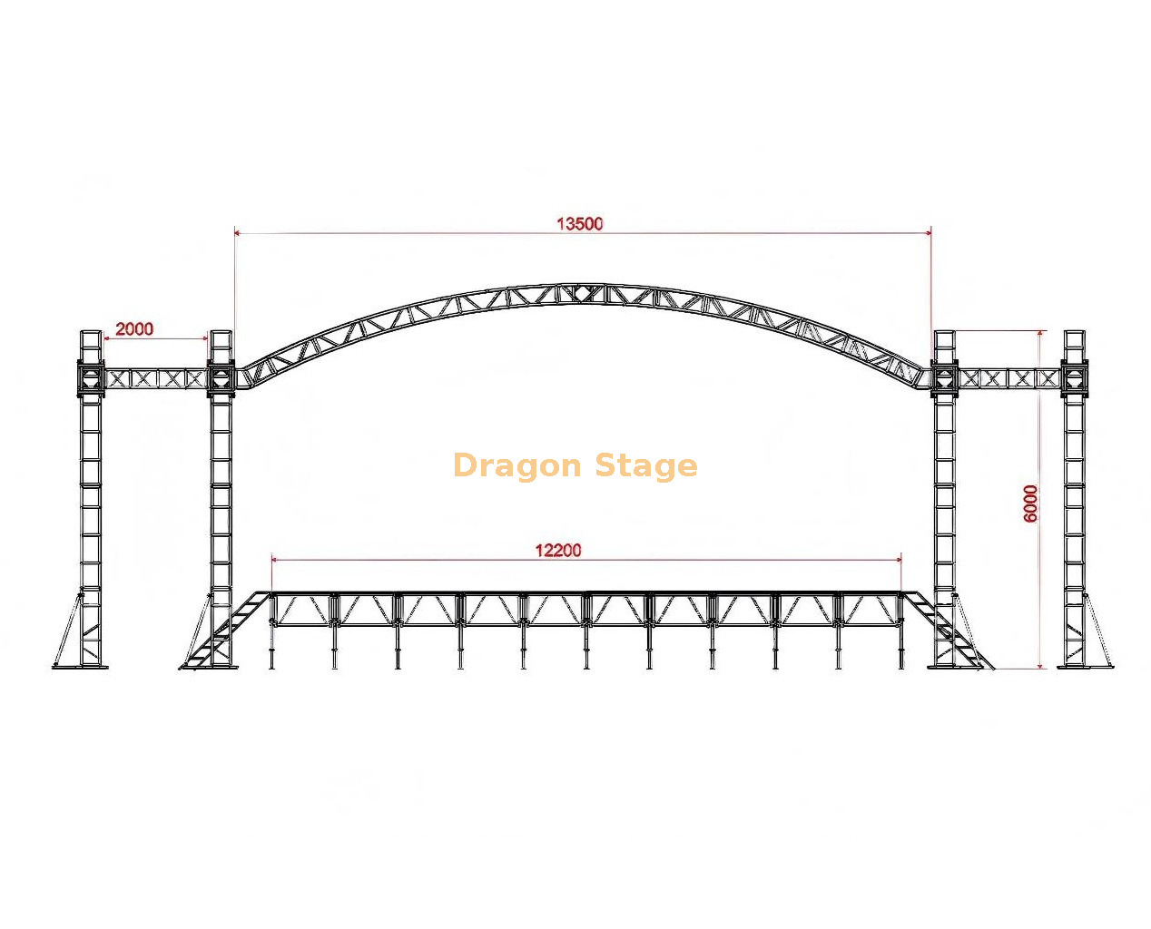 Sistema de teto em arco de alum&iacute;nio 14x10x6m com asas de alto-falante