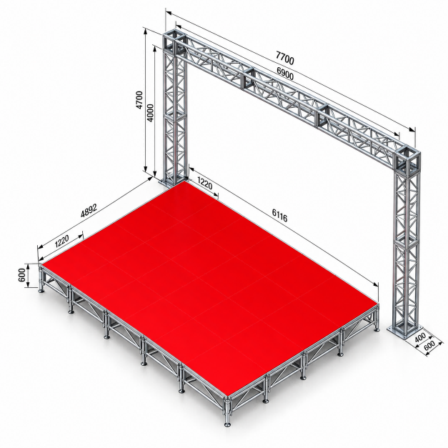 Palco modular vermelho para eventos de 6,72x4,89m com p&oacute;rtico de treli&ccedil;a traseira de 7,7m de largura e 4,4m de altura.png