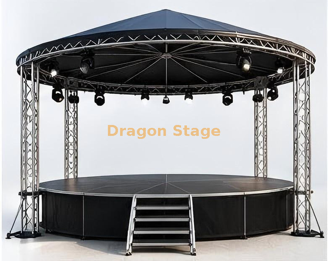 Palco móvel de alumínio redondo de 4 m de diâmetro com telhado para uso em casamentos e eventos