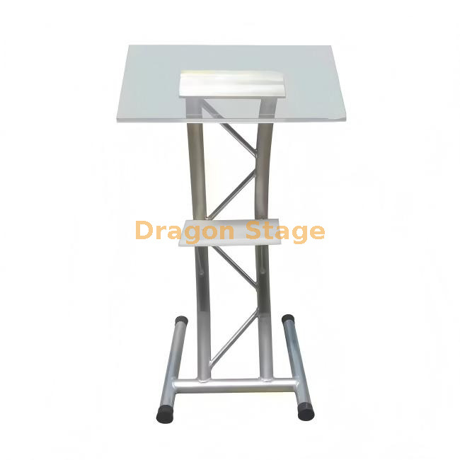 P&oacute;dio acr&iacute;lico transparente moderno com estrutura de treli&ccedil;a de alum&iacute;nio prateado