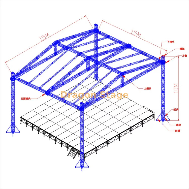 Sistema de treliça de telhado quadrado resistente de 15x15x10m (10m de altura, treliça de espiga de alumínio)