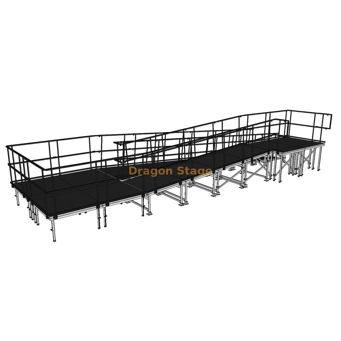 Rampa modular de alumínio para palco em switchback de 10,27x3,24m com pouso e guarda-corpos duplos