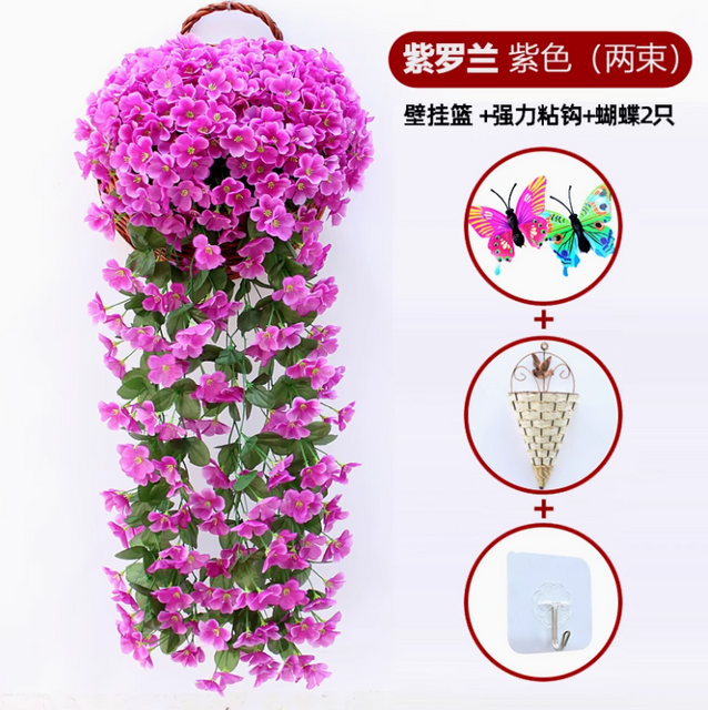 Orquídea de parede violeta simulada Orquídea grande bordada de bordado de plástico de plástico flor flor rattan roxo vermelho 2 feixes de cesto suspenso grande e livre de violeta+2 borboletas+gancho