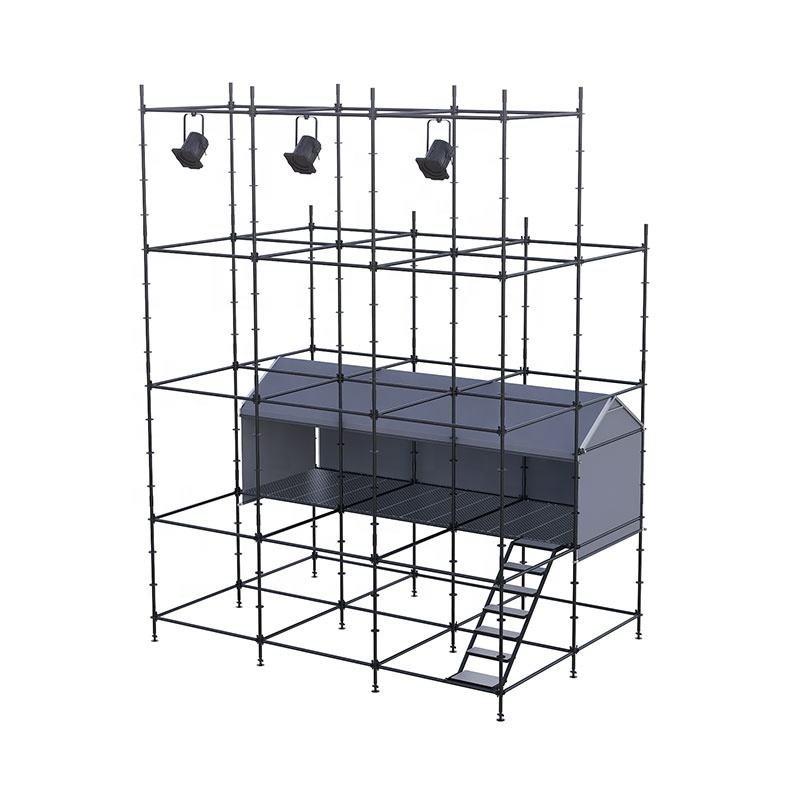 Cabine de controle Ringlock FOH h&iacute;brida de 2x6m com telhado de duas &aacute;guas em alum&iacute;nio, cortinas e acesso por escada de a&ccedil;o.png