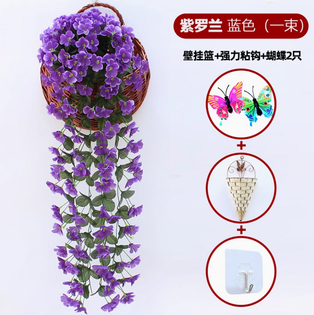 Orquídea de parede violeta simulada pendurada orquídea grande bordado de bordado artificial flor flor de seda de seda vime azul 1 grande gancho de entrega violeta