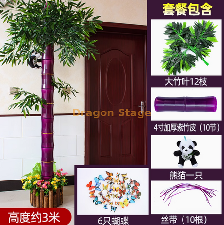 Novo conjunto espessado de nó de bambu roxo de 4 polegadas (vem com panda) com casca simulada de nó de bambu, plantas verdes, tiras de videira de flores, decoração de tubo de esgoto