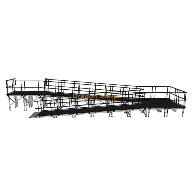 Rampa modular de alumínio para palco em switchback de 12,25x3,24m com pouso e guarda-corpos duplos