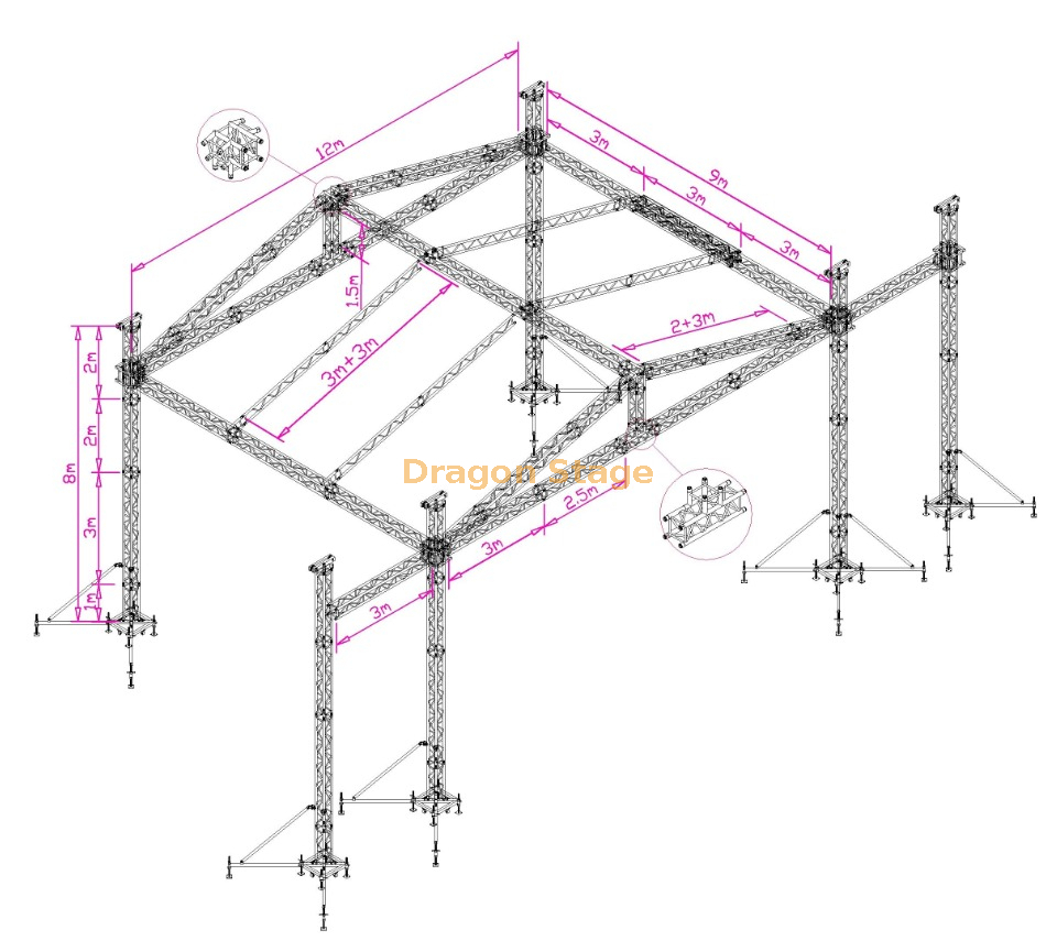 Treliças de telhado de alto-falante Gentry Stage para venda 11x9m Altura 8m Asas de alto-falante 3m