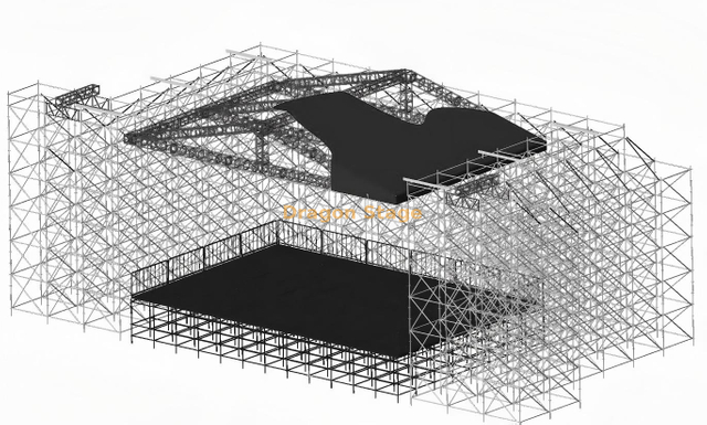 Sistema de palco de concerto Ringlock de 14x10m com teto de pico de alumínio, asas de LED de 6m e suportes de line array