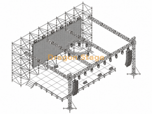 Parede de fundo LED Ringlock de 16x2x8m com palco de alumínio de 12,2x7,32m e telhado de treliça de iluminação de 14x10x6m