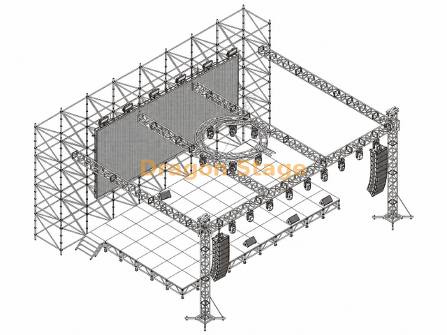 Parede de fundo LED Ringlock de 16x2x8m com palco de alumínio de 12,2x7,32m e telhado de treliça de iluminação de 14x10x6m