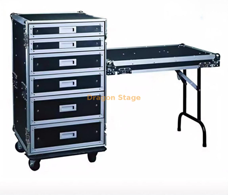 Estojo de voo estilo gaveta 18U com 6 gavetas + mesa lateral removível e rodas Estojo técnico para ferramentas resistentes