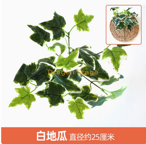 Plantas verdes, paredes de plantas simuladas, gramados de plástico, varandas, fundos internos, paredes de flores, pisos brancos prateados, folhas de melão, 1 galho