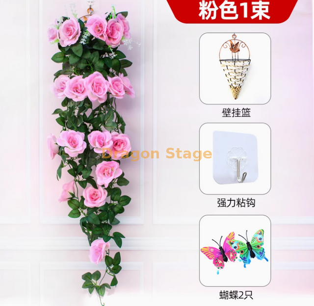Orquídea de parede violeta simulada Bordado grande bordado artificial Flor da flor de seda Rattan rosa claro 1 cesto de flor de rosa gancho de aderência