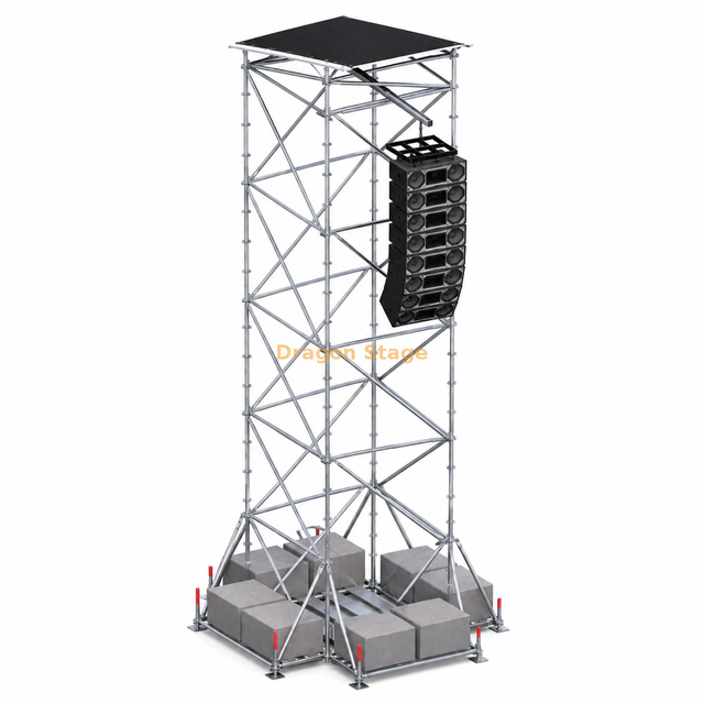 2x2x10m Ringlock Line Array Torre suspensa com telhado, lastro e plataforma de trabalho