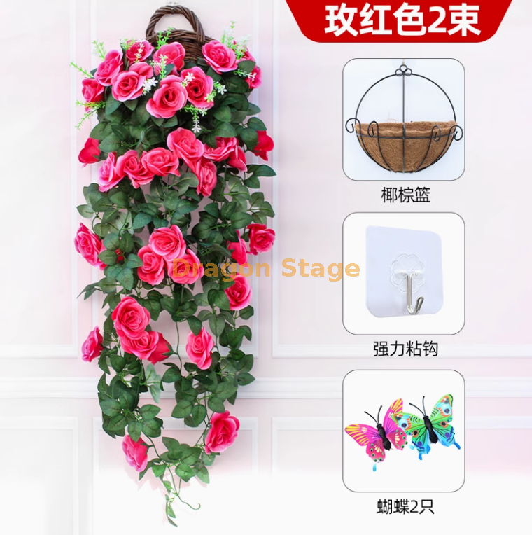 亮玫红 -2 束玫瑰送椰棕篮+送粘钩 2 只蝴蝶