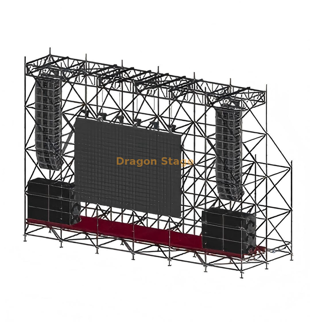 Tela LED Ringlock 12x4x8m e estrutura suspensa de line array com 6 treliças de seção superior