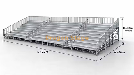 Sistema de assentos de arquibancada Ringlock 25x10m com dois corredores e guarda-corpos de 3 lados