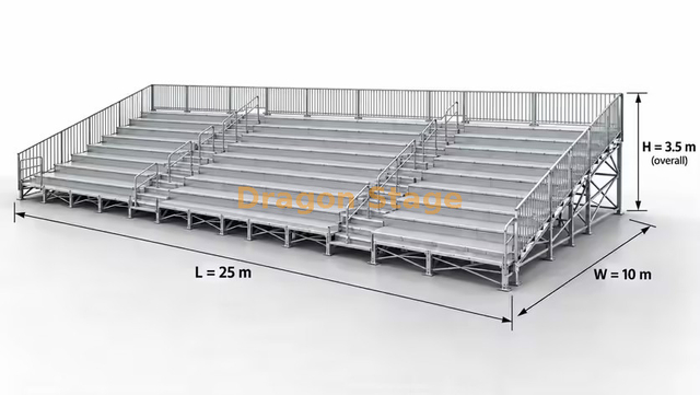 Sistema de assentos de arquibancada Ringlock 25x10m com dois corredores e guarda-corpos de 3 lados