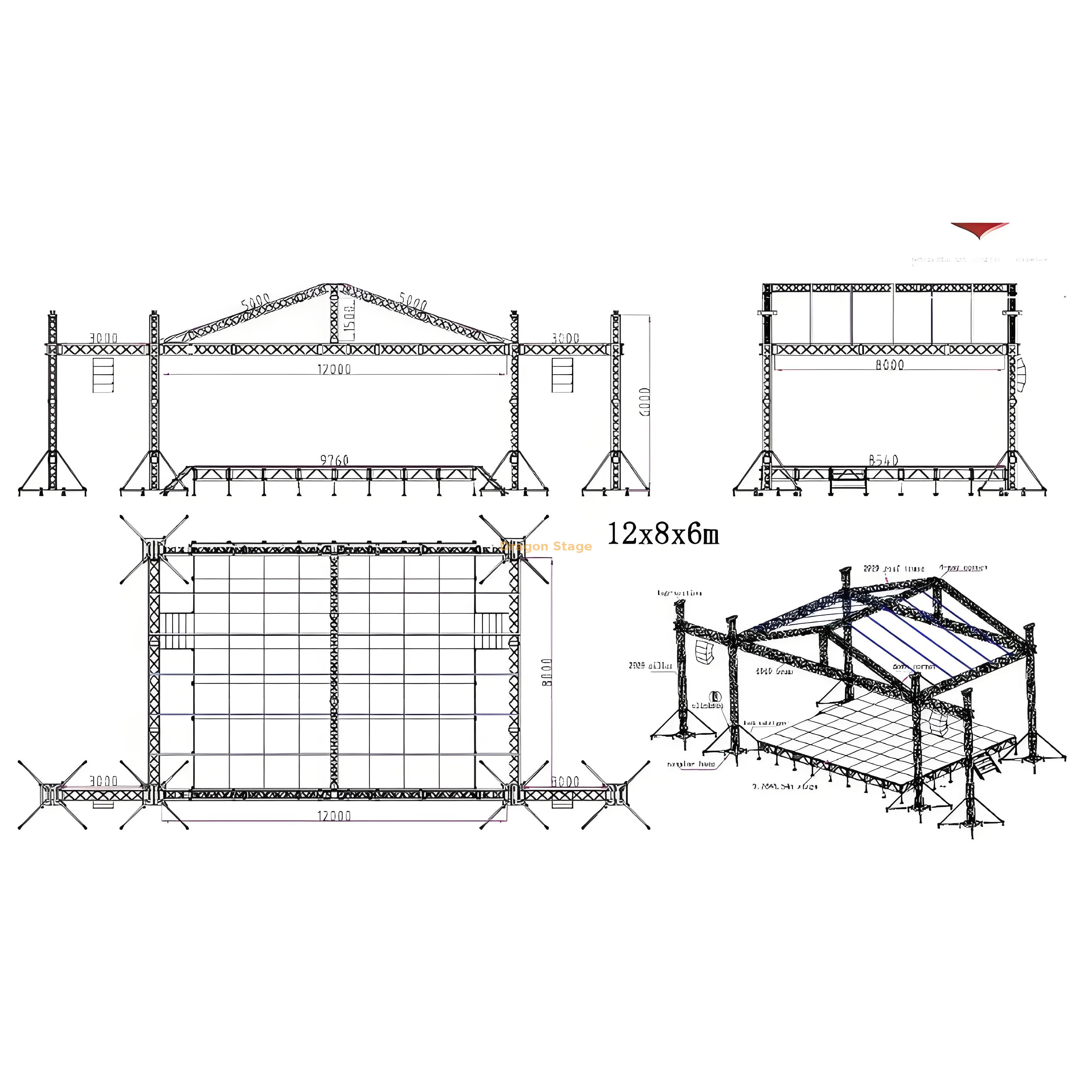 Sistema de treliça de telhado inclinado 12x8x6m