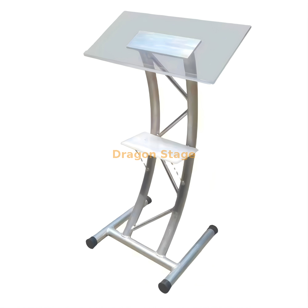 Pódio acrílico transparente moderno com estrutura de treliça de alumínio prateado