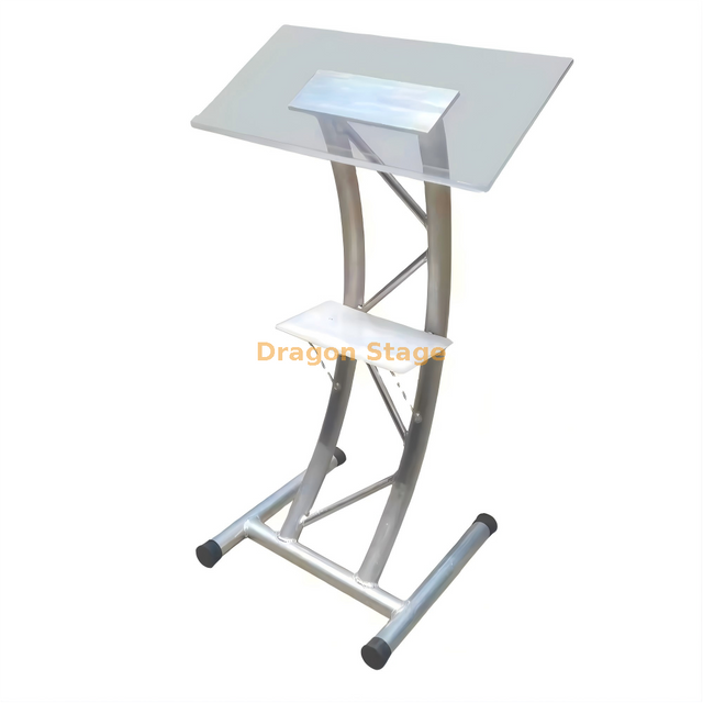 Pódio acrílico transparente moderno com estrutura de treliça de alumínio prateado