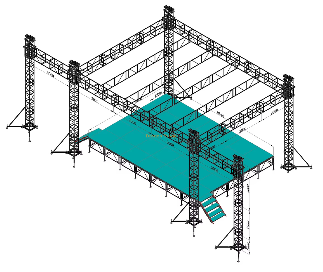 sistema de treliça de alumínio para telhado plano de 9x7x6m com altura de 6m e asas de alto-falante de 3m