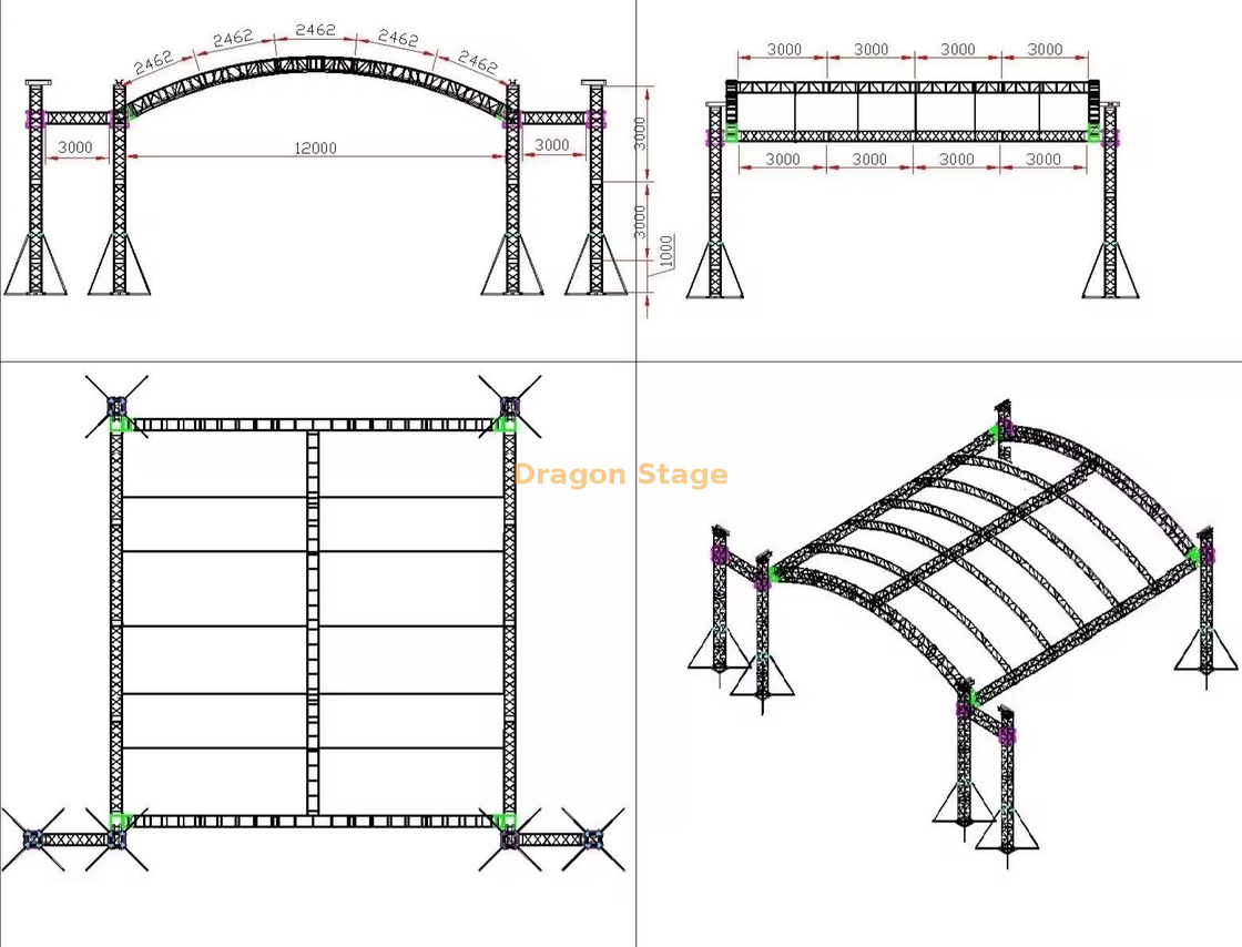 Sistema de treliça de telhado de arco de alumínio 12x12x6m com asas de alto-falante de 3m