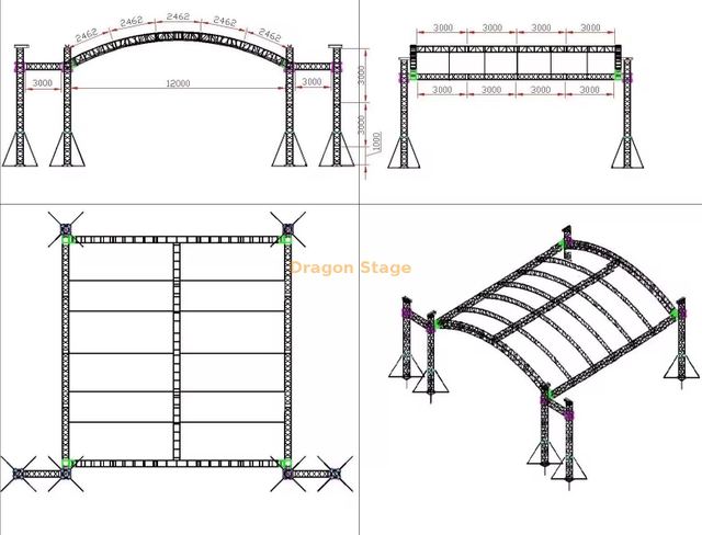 Sistema de treliça de telhado de arco de alumínio 12x12x6m com asas de alto-falante de 3m